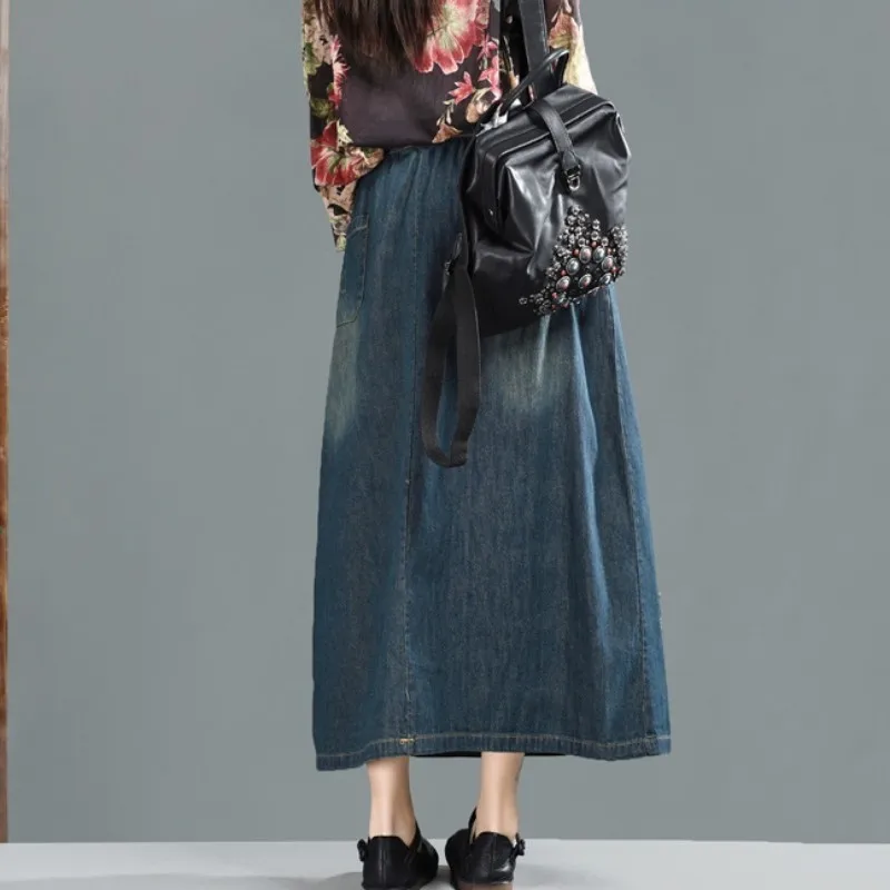 

New Denim Women Vintage Flower Embroidery Loose Fit A-Line Long Skirts Elastic Waist Drawstring Hollow Out Ladies