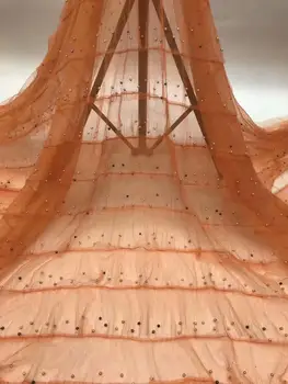 

Hot sale Beaded French lace fabric, wholesale price orange Nigerian Beaded Tulle lace fabric FFD-1015