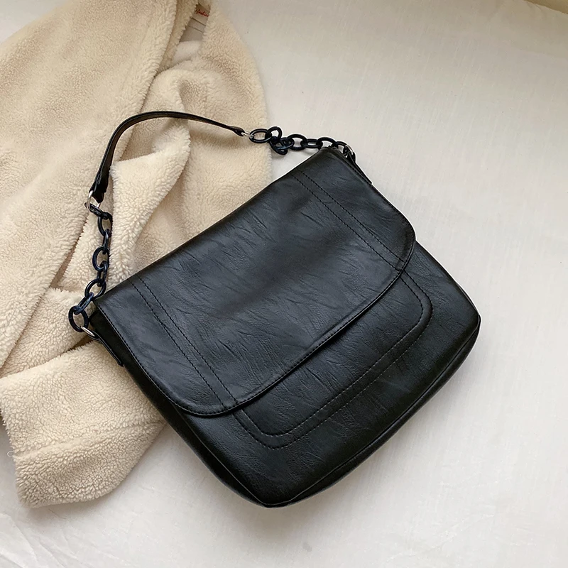 Женские сумки на плечо с цепочкой из искусственной кожи, одноцветные,, черные, дорожные сумки, Дамская простая Сумочка, женская элегантная сумка