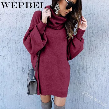 

WEPBEL Casual Loose Women Pullover Pull Femme Long Sleeve Solid Turtleneck Pile Collars Sweater Comfort Medium Long Sweater