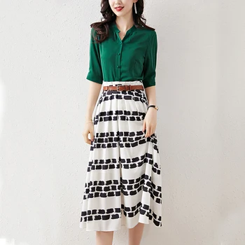 

Office Lady Summer 2 Pieces Set Elegant Fashion Half Sleeve Green Women Blouse+Print A-line Long Skirt Two-piece Sets Sashes