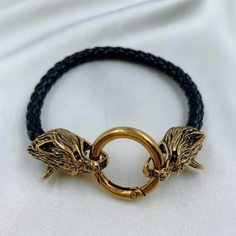 Leather Bracelet for Men Wolf Head Jewelry Gift