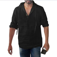 Мужская хлопковая льняная летняя рубашка Топ с капюшоном мешковатая Кнопка короткий рукав Однотонная рубашка пляжные блузки Chemise Homme плюс размер