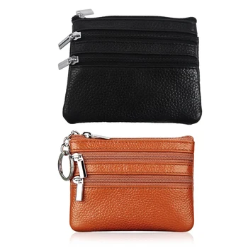 

NEW-2x Leather Change Coin Purse with 4 Pockets and Keychain for Women Black & Brown