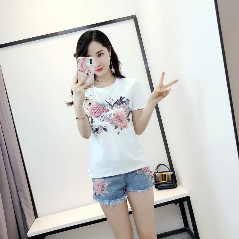 Летняя женская одежда из 2 предметов с вышитыми объемными цветами пуловер