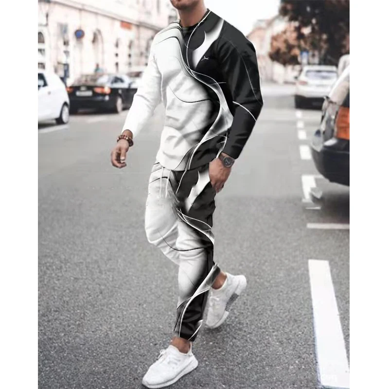 Spring Autumn Men's Set Casual Sportswear Fashion Male Running Suit Men Long-sleeved T-shirt+Sports Trousers 2-Piece Plus Size
