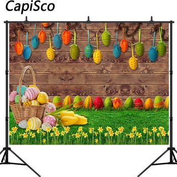 

Capisco Spring Easter Colorful Eggs Photography Backdrop Brown Wooden Wall Grass Newborn Portrait Background Photo Studio