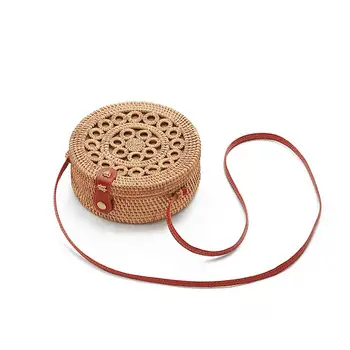 

Rattan Braided Women Handwoven Shoulder Bag Round Straw Hand Woven Beach Bags Leather Straps Retro Natural Tote Crossbody Bag