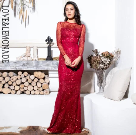 RED LOVE&LEMONADE Голая Золотая круглая шея с длинным рукавом перспективная спина Bodycon Блестящий проклеенный материал Maix платье LM6496-9 LM6496-9 золото - Цвет: RED