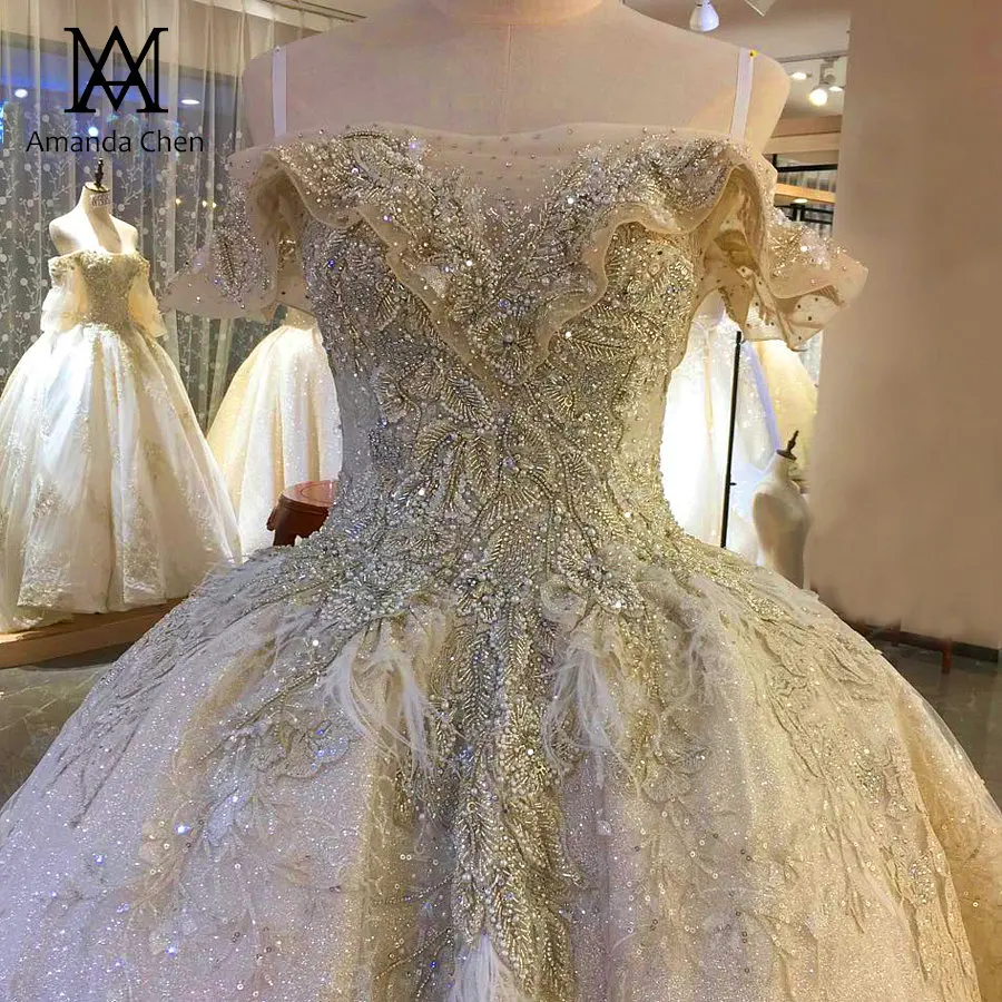 Robe de mariage с открытыми плечами кружева аппликация стразами Кристалл свадебное платье