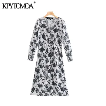 

Vintage Elegant Floral Print Midi Dress Women 2020 Fashion V Neck Long Sleeve Elastic Waist Female Dresses Chic Vestidos Mujer
