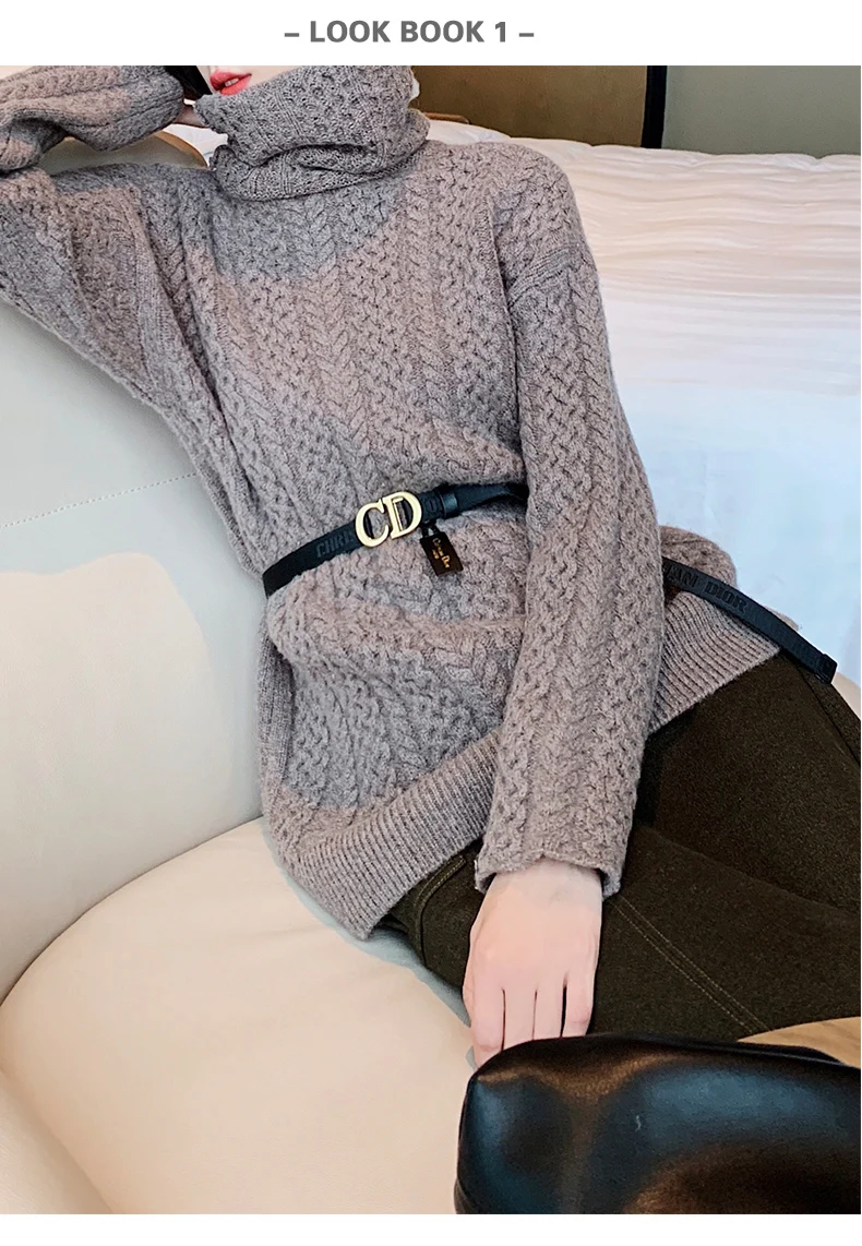 High collar100% pure wool sweater female autumn winter pile pile collar vintage twisted loose loose lazy wind sweater tide