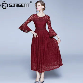 

Simgent Flare Sleeve Dress Womens Vintage Elegant Maxi Long Dress Wine Red Woman Clothing Vestidos SG911143