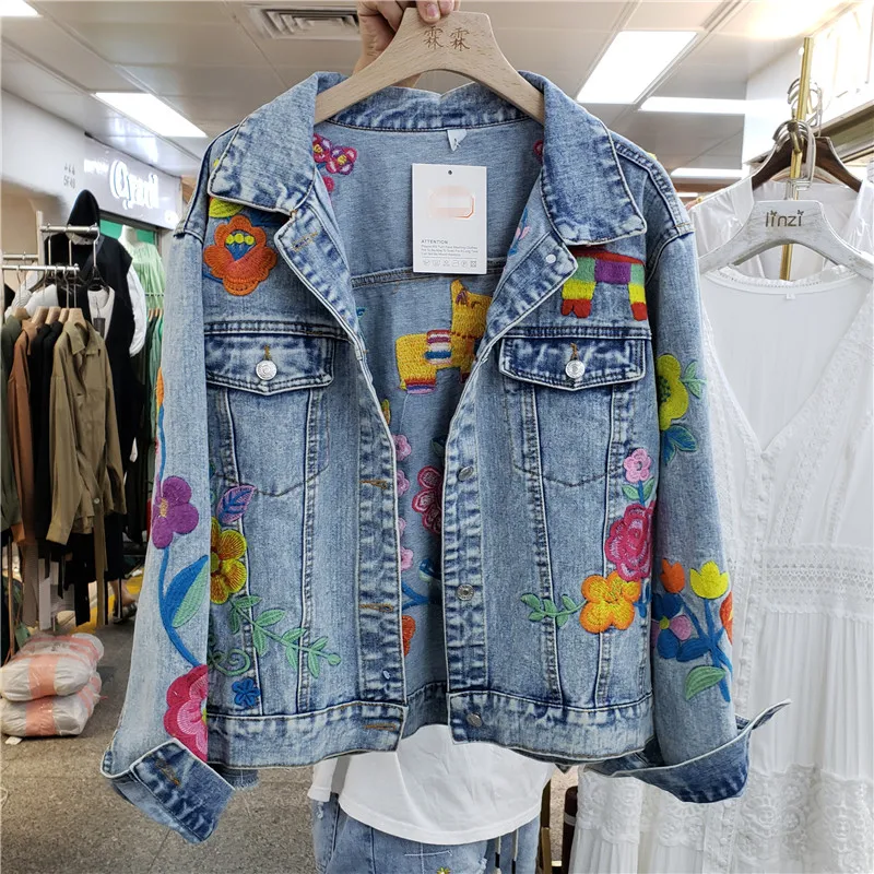 

Denim Jacket Women's Coat 2020 Autumn New Machine Embroidery Flower Short National Style Retro Jeans Jackets Female Outer Coats