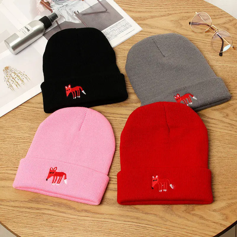 

Winter Sales Fox Short Paragraph Unisex Knitting Beanies Caps for Female Outdoor Keep Warm Wrap Head Hats Candy Colors Ins W61