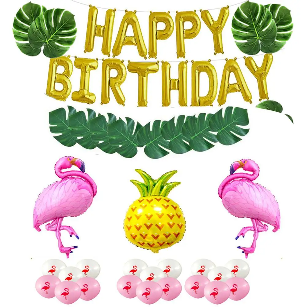 

Balloons Hawai Theme Party With Flamingo Pineapple Helium Balloons Palm Simulation Leaves Happy Birthday Balloons