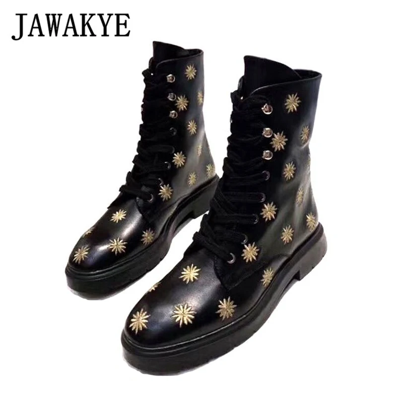 

JAWAKYE genuine Leather Embroidery flat Ankle Boots for women Gold flower lace up platform Motorcycle Boots Combat Martin boots