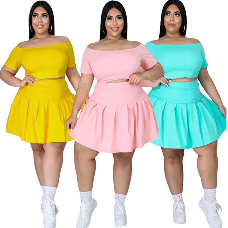 Plus Size Sets Skirts Women Fashion Casual Crop Top Mini Skirt Two Piece Solid Outfits New Uniform Summer Wholesale Dropshipping cute pj sets