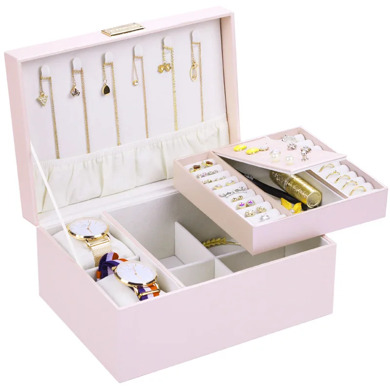 

Large Capacity Watch Jewelry Organizer New 2019 Jewelry Box Leather Storage Jewelry Box Earring Ring Necklace with Mirror