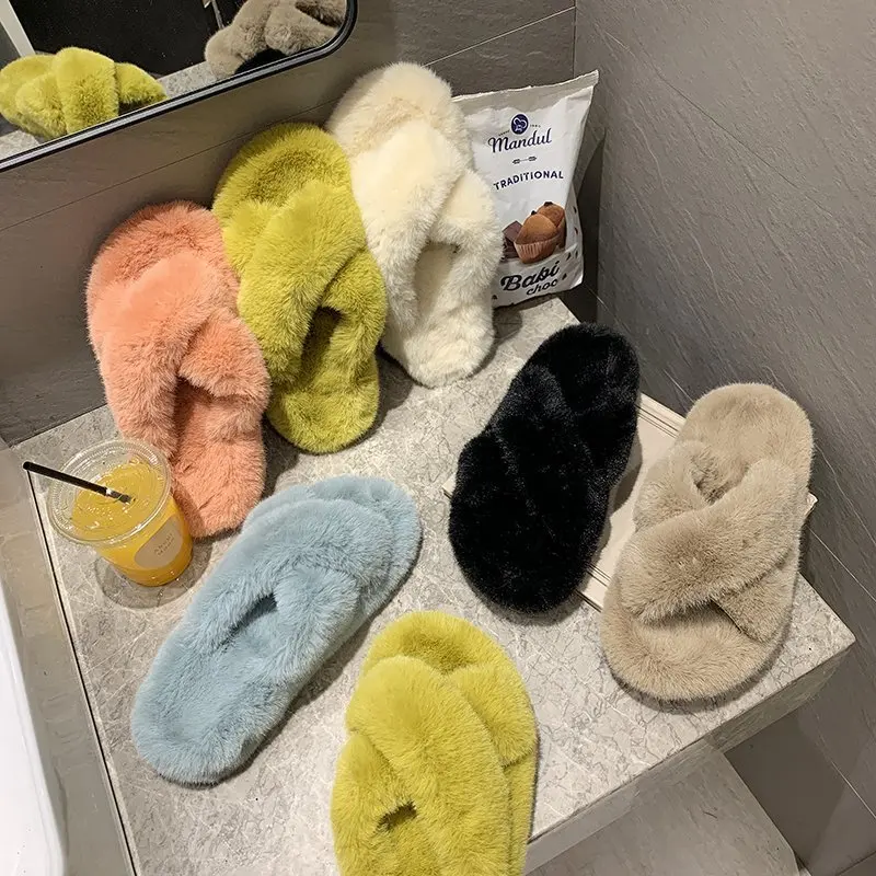 

2020 Fluffy Home Slippers Women Faux Fur Slippers Cozy Furry Slides Open Toe Slip On Soft Slippers House Floor Plush Warm Shoes