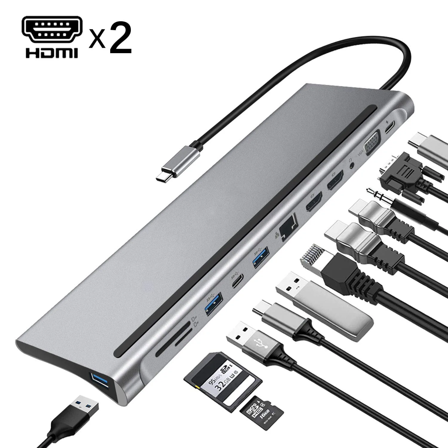 Концентратор 12 в 1 Thunderbolt 3 с портом USB C для передачи данных 87 Вт PD 4K HDMI 1080P VGA слоты