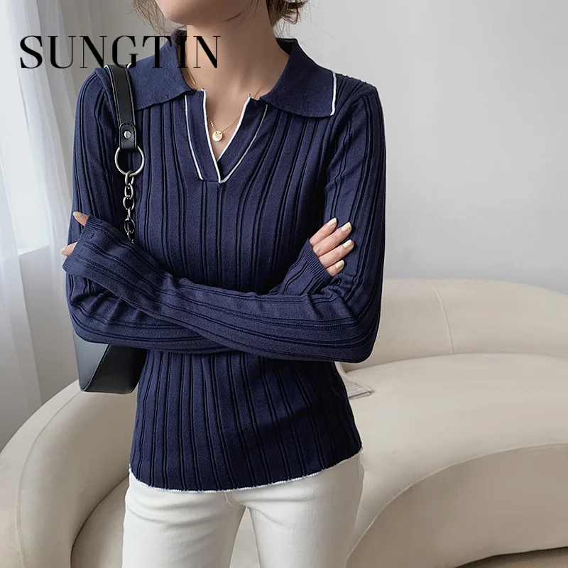 Sungtin Slim cuello en V suéter de las mujeres de primavera básica de otoño elástico Mujer diario acanalado liso Jersey Chic de moda coreana