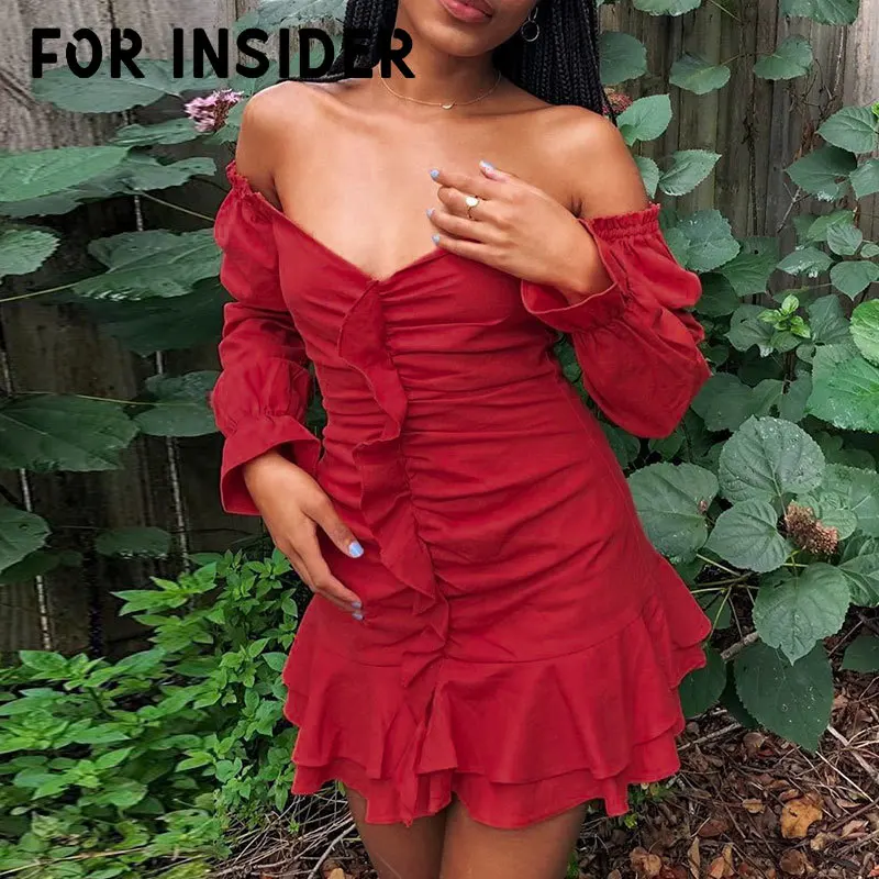 

For Insider Vintage ruffle party red autumn dress Women flare sleeve club bodycon dress Elegant short winter sexy dress vestidos