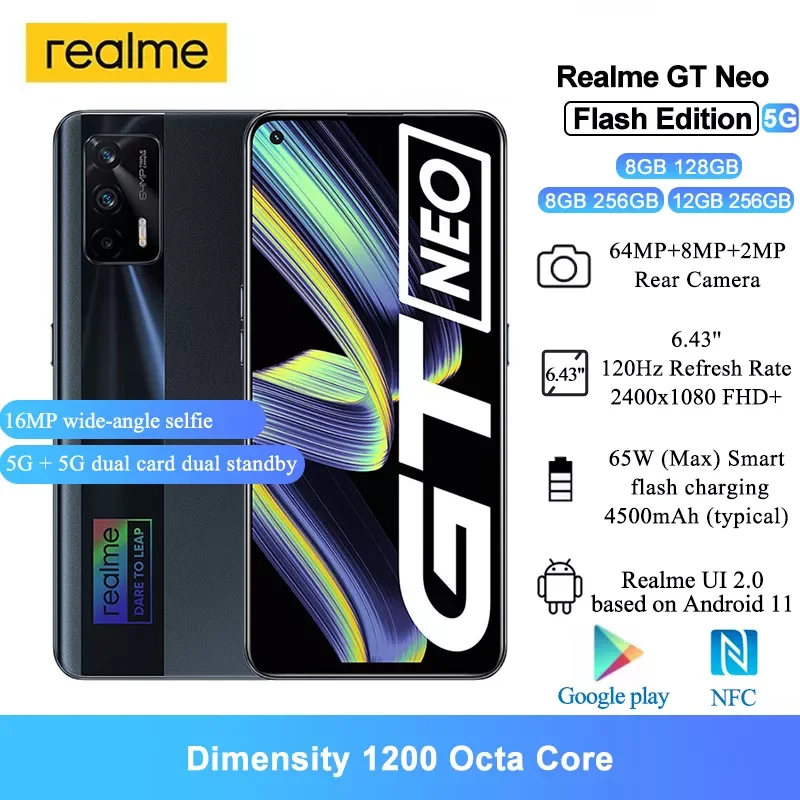Смартфон Realme GT Neo 1200 дюйма FHD + 65 Вт 64 мп | Мобильные телефоны и аксессуары