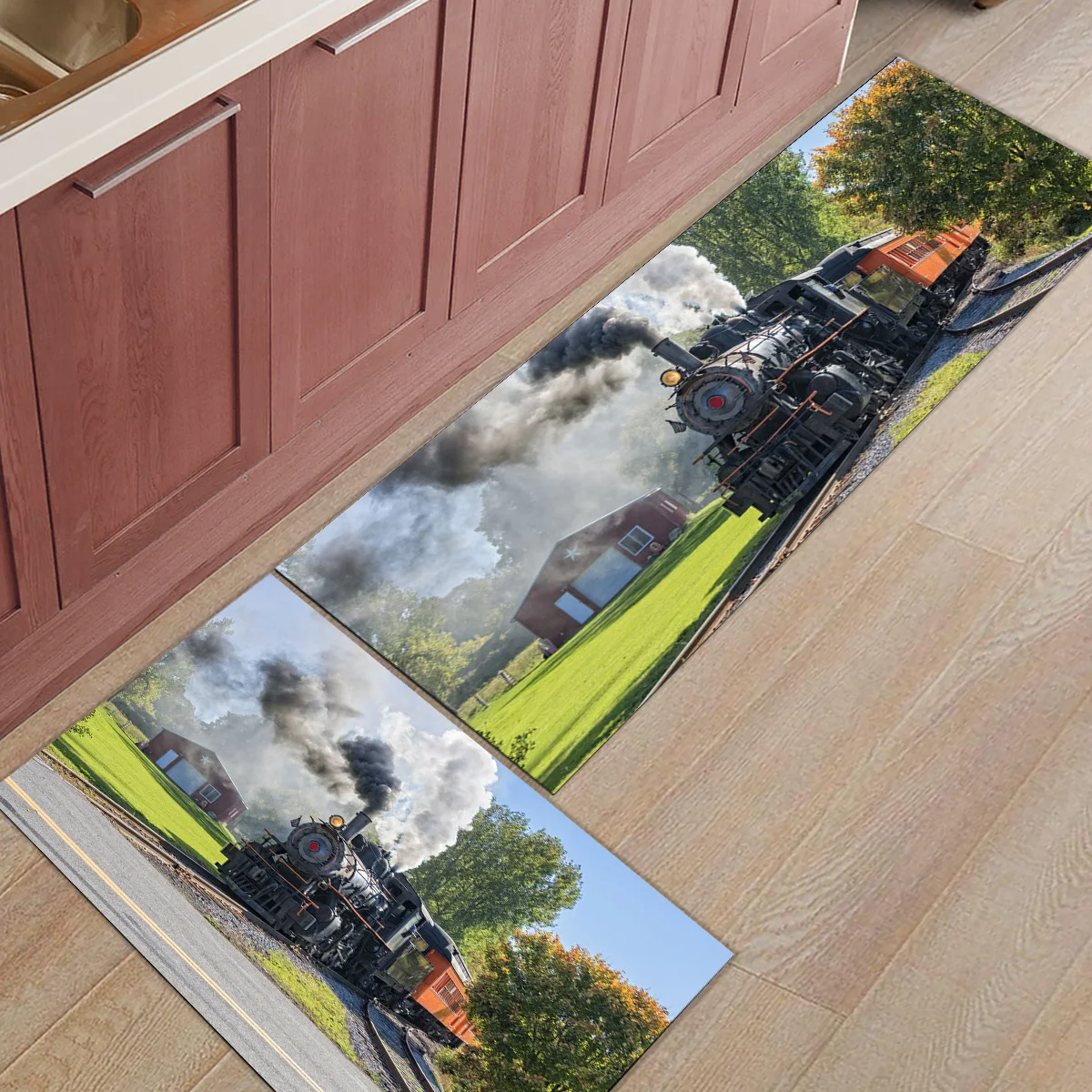 2 шт./компл. анти-скольжения Кухня ковер коврик паровоз дым пейзаж ретро прихожей