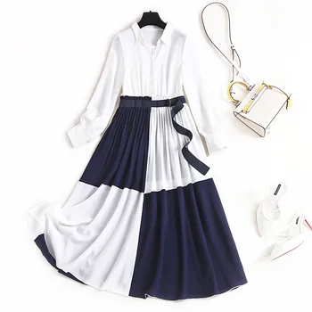 

New 2020 spring fashion women chiffon dress knee length long sleeve blue white color block lace up pleated shirtdress elegant
