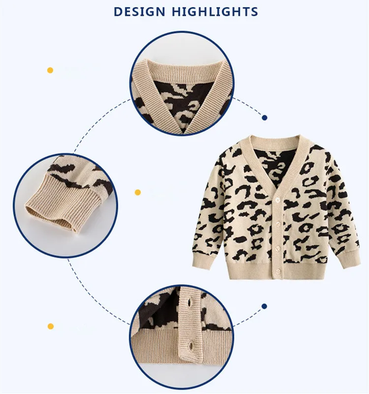 Children Leopard Sweaters New Spring Boys Girls Cotton V-neck Single-breasted Knitted Cardigan Tops 2-8Yrs Toddler Clothes