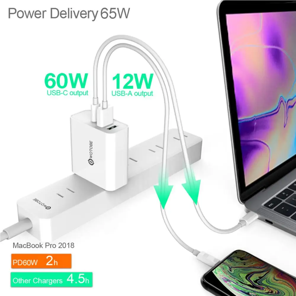 65 Вт TYPE-C USB-C адаптер питания, 1 порт PD60W QC3.0 зарядное устройство для USB-C ноутбуков MacBook Pro/Воздушный iPad Pro, 2 порта USB для samsung iPhone