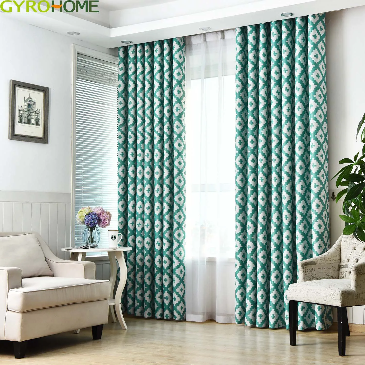 

Custom Drapes Nordic Modern Shading Splice Geometry Green Livingroom Bedroom Blackout Curtains