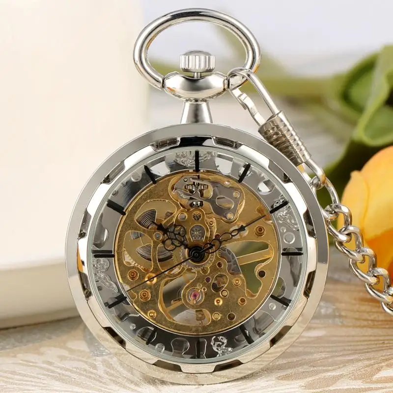 Silver Hand-winding Mechanical Pocket Watch Open Face Skeleton Hollow Retro Watches Men Women Collectable with Pendant Chain