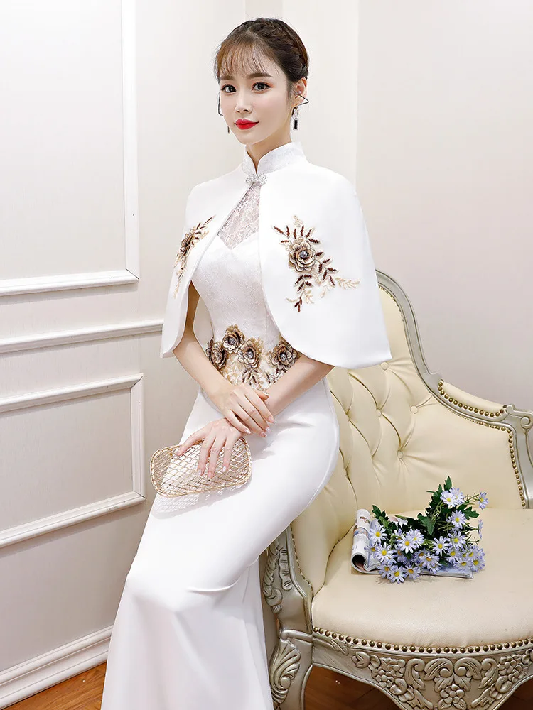 Новое китайское традиционное платье женское тонкое Cheongsam вышивка Съемная шаль длинный Ципао вечернее платье Размер XS-3XL