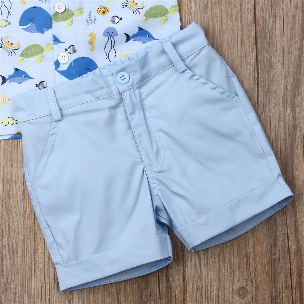 Pudcoco/Летняя одежда для маленьких мальчиков морские организмы рубашки топы с принтом Короткие штаны комплект из 2 предметов нарядная одежда для джентльмена