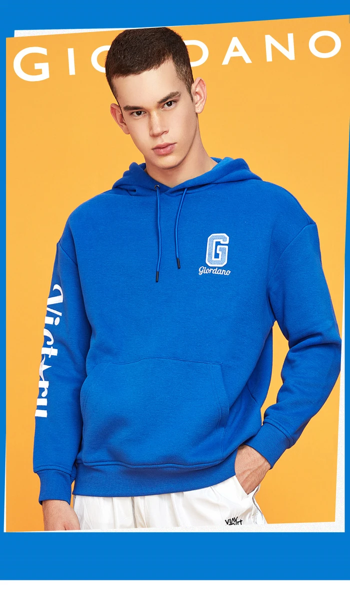 Giordano мужские свитшоты с буквенным принтом, с флисовой подкладкой, Kanga, с карманом, с капюшоном, тонкие, синие, мужские худи 910997840