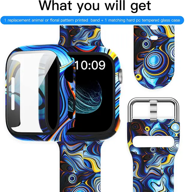 Silicone Strap+Cover for Apple Watch Bands 44mm 40mm 42mm 38mm Screen Protector, Glass+Silicone Wristband Strap for iwatch 2 in1 Case Band 04