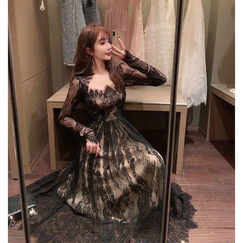 

New Spring Autumn Vintage Korean Lace Long Dress Women Long Sleeve Square Collar Pleated Elegant A-Line Evening Dresses Femme