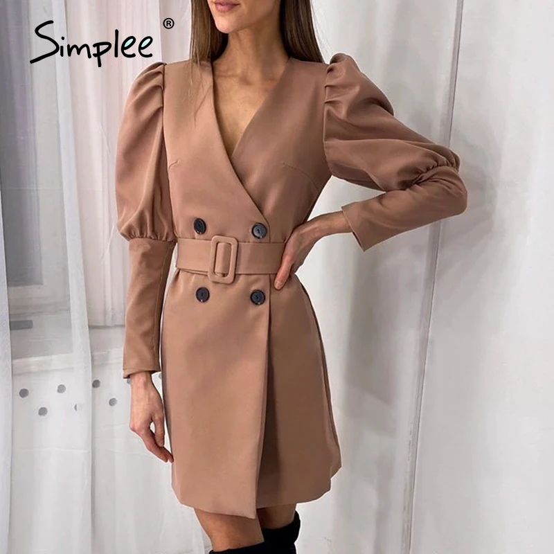 Simplee button A-line dress women V-neck Ladies puff sleeve autumn work wear dress Fashion belt decoration female dress 2020 Simplee button A-line dress women V-neck Ladies puff sleeve autumn work wear dress Fashion belt decoration female dress 2020