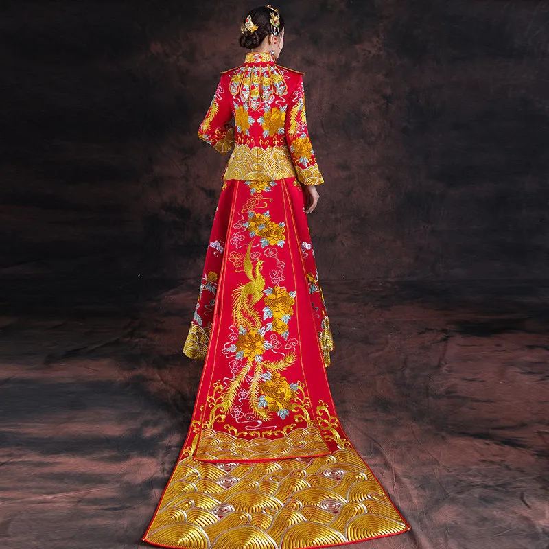 Королевский феникс свадебный Cheongsam костюм винтажный китайский стиль торжественное платье Красный невесты традиционный костюм Тан вышивка Qipao