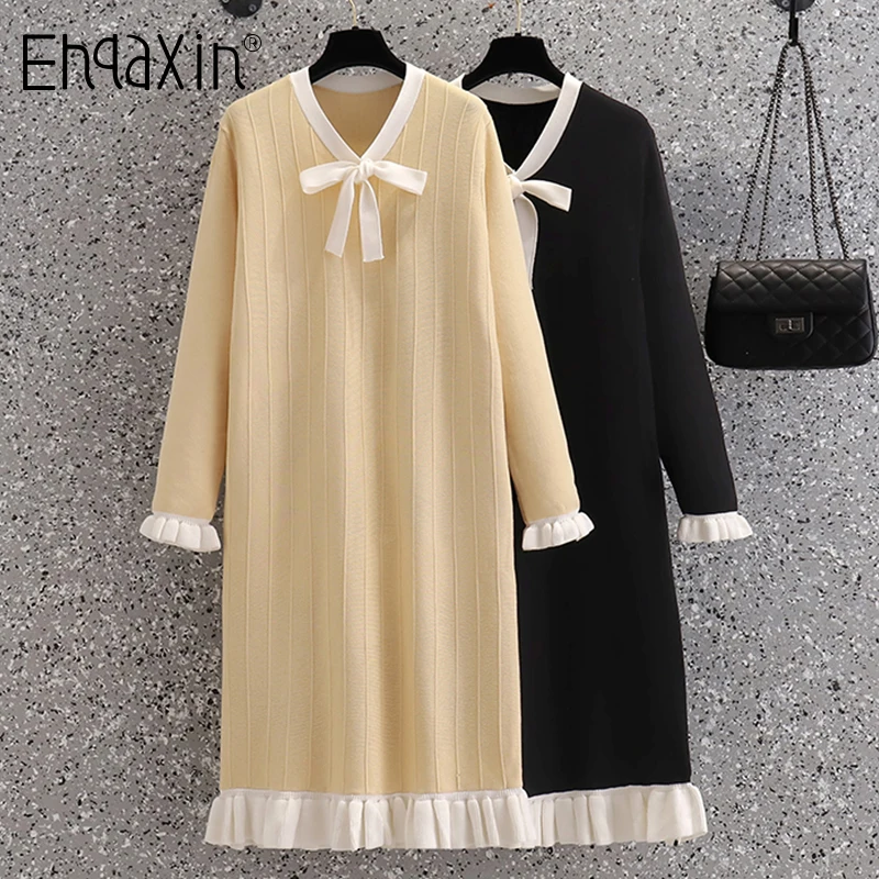 

EHQAXIN Autumn Winter New Women's Knitted Dress Elegant V-Neck Bow Knitted Dresses With Wooden Ears Decorate L-4XL