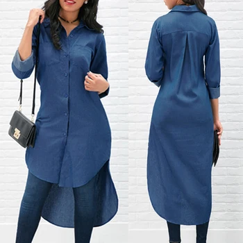 

Woman Fashion Blue Shirt Women Long Denim Shirt Back Long Loose Plus Size Summer Tops And Blouse Woman Casual Office Daly