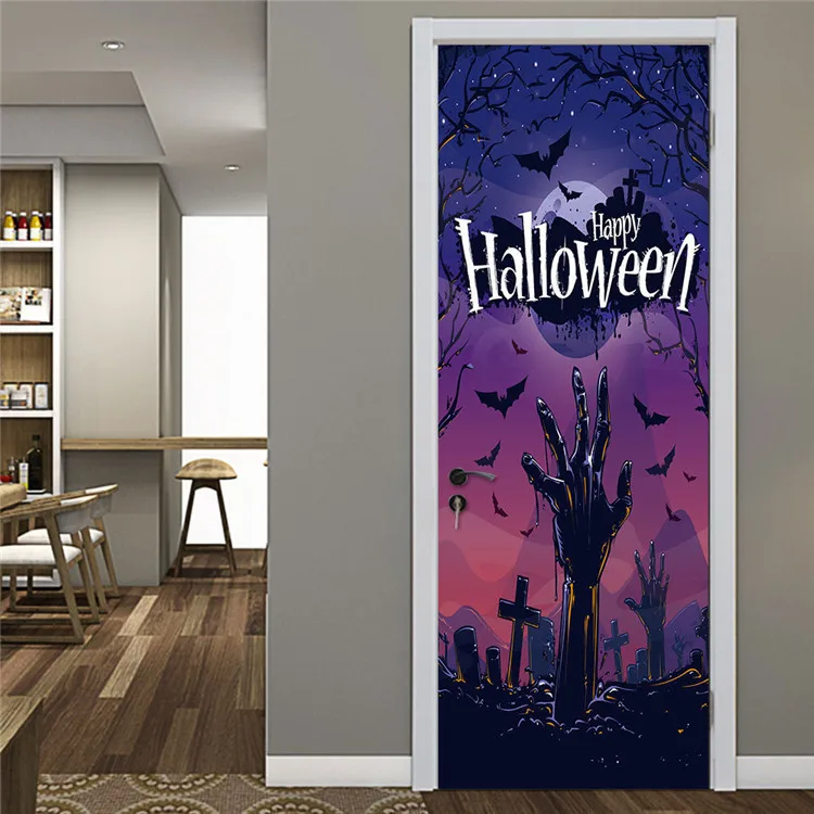 Хэллоуин фиолетовый ночной призрак ручной крест дверь стикер с изображением стены Наклейка украшение для двери искусство Спальня дверь Водонепроницаемая наклейка из ПВХ