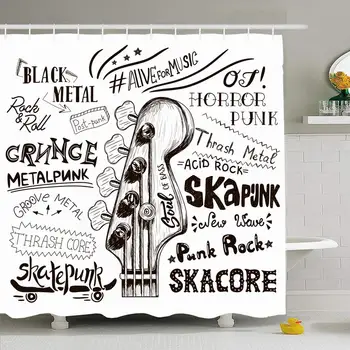 

Shower Curtain Set with Hooks 60x72 Concert Hardrock Posters Concept Hand Border Draw with Sketch Punk Bass White Metal Guitar