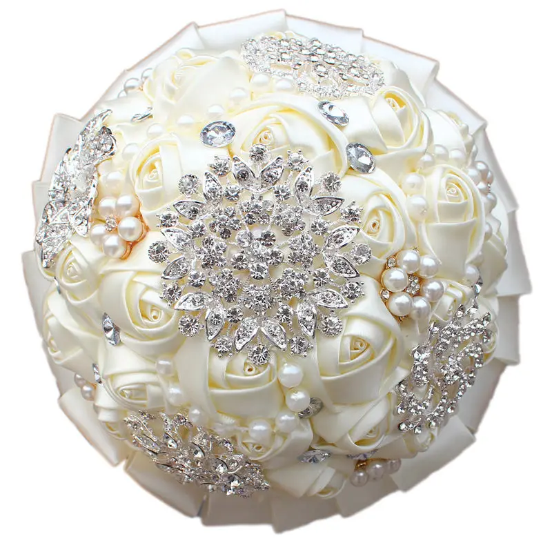 WifeLai-лента цвета шампанского розы, держащая цветок Романтический искусственный цветок невесты букет Свадебный букет с кристаллами W3217D - Цвет: ivroy