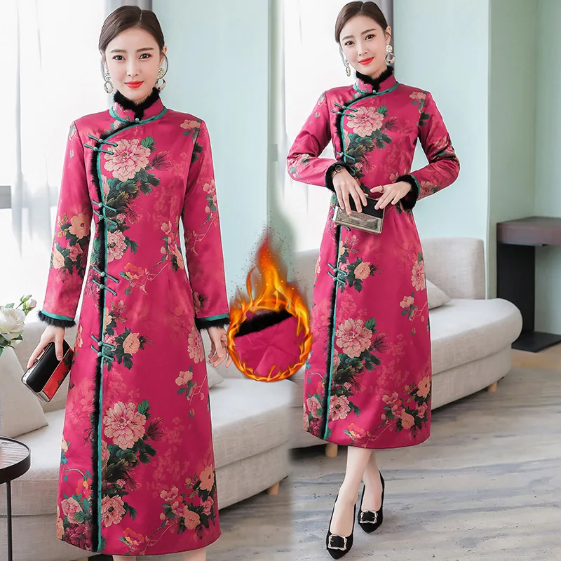 

Real Silk Padded Cheongsam Overcoat Long Sleeve Thick 2019 Autumn And Winter Mom Grandma Wedding Banquet Formal Dress Improved N