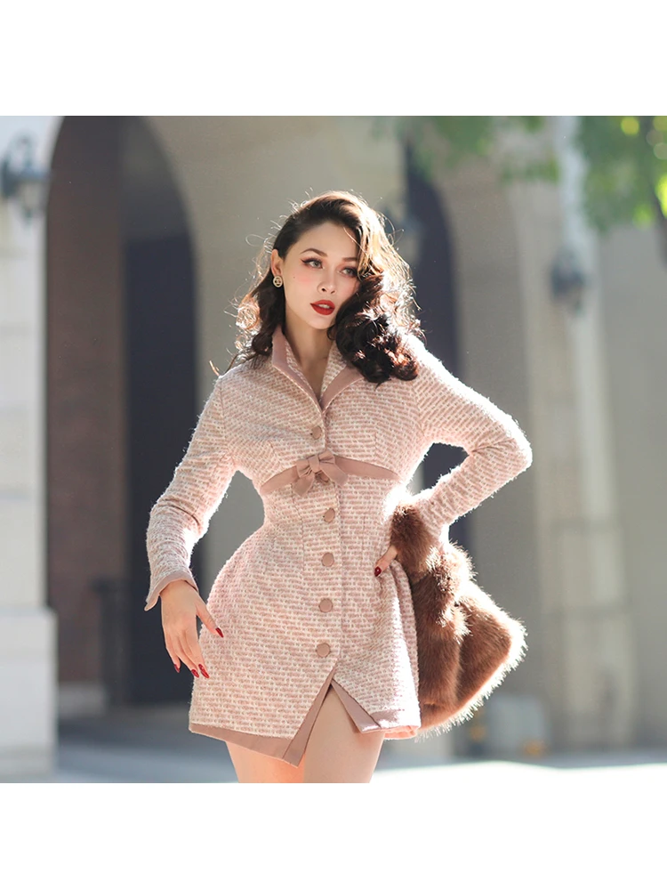 Le Palais Vintage Fall Winter Original Complex Process Retro Pink Slim Wool Long Coats Color Contrast Design Women Coat