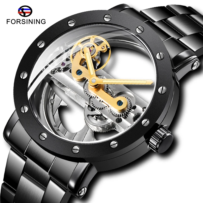 

Luxury Brand FORSINING Men Automatic Mechanical Watch Stainless Steel Black Skeleton Luminous Waterproof Clock Relogio Masculino