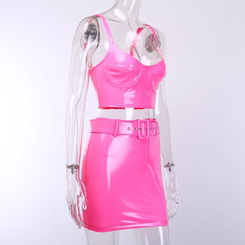 Обтягивающие топы без рукавов и мини-юбки, женские комплекты из 2 предметов, сексуальный клубный набор из искусственной кожи, Женская неоновая розовая красная одежда, GV911